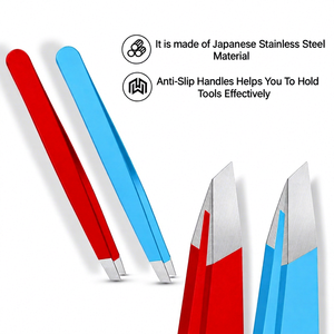 แหนบคีบคิ้วสแตนเลส ปลายแหลม ด้ามจับกันลื่น ชุดสีแดงน้ำเงิน - Product Image 1