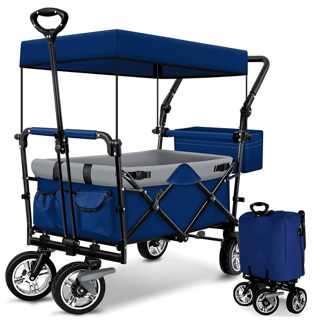 Collapsible Heavy Duty Logo Folding Wagon Trolley Collapsible Folding Outdoor Utility Wagon Camping Wagon Cart With Canopy