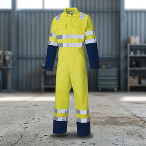Overol de Seguridad de Alta Visibilidad Clase 3 Amarillo con Franjas Reflectantes y Detalles Azul Marino para Uso Industrial - Product Image 4