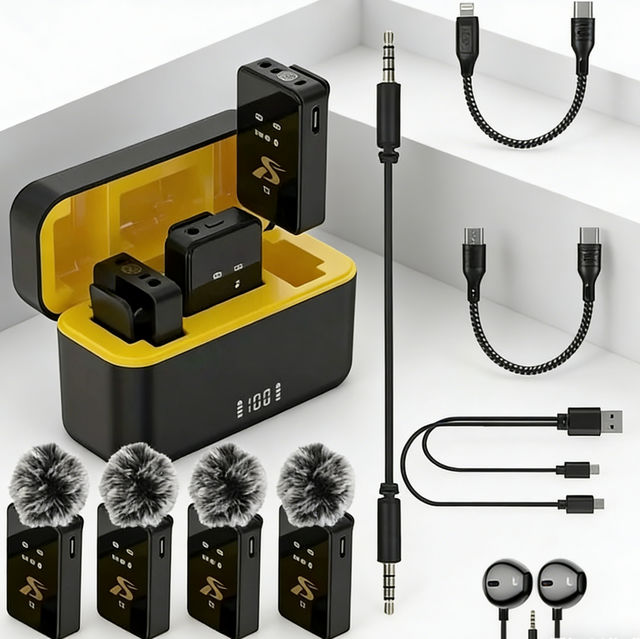Professional 4Mic 100 Meters Wireless Microphone 4 Channels Vlogging Recording Lavalier Wireless Microphones with Charging Bank