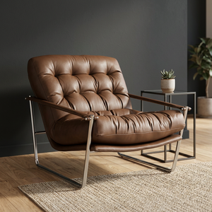 Sillón de Cuero Marrón Moderno, Respaldo Acolchado, Patas de Metal, Estilo Mid-Century, Muebles para Sala de Estar - Product Image 3