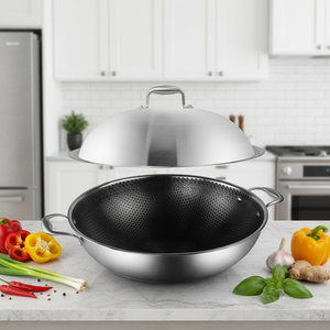 Large Size High Quality Honeycomb <strong>Wok</strong> <strong>Non</strong> <strong>Stick</strong> 304 Stainless Steel Pan with Lid Custom Double Ea Induction <strong>Wok</strong> Pan - Product Image 2