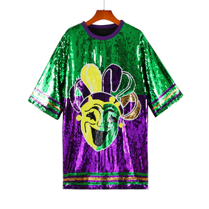 Ingrosso abito da t-shirt con paillettes brillanti Plus-Size Mardi Gras fatto a mano girocollo scintillante Look Sexy al ginocchio Jersey - Product Image 4