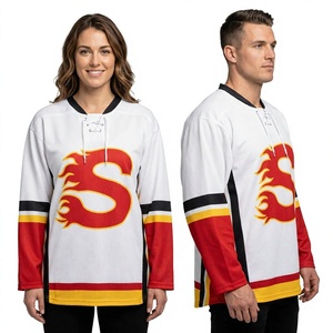 Custom Ice Hockey Jersey Flame S Logo Sublimated Print Unisex <b>White</b> Red Yellow Full Sleeve V-Neck <b>Tie</b> Closure Adult Size 100% - Product Image 5