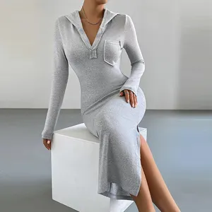 Designer Long Sleeve Slit Hoodie Dress Custom Women Casual Long Dresses