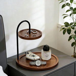 Organisateur de bureau en bois massif, plateau rond à 2 niveaux pour bijoux, clés, cosmétiques, parfums et articles de soins personnels - Product Image 5