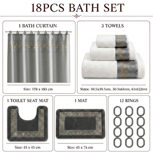 Elegante Set Decorativo per <span class=keywords><strong>Bagno</strong></span> 18 Pezzi, Tenda Impermeabile con Ricami Dorati, Tappeto Antiscivolo, Asciugamano Assorbente, Decorazione per Hotel - Product Image 3