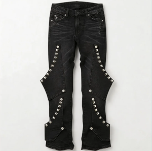 Jean évasé taille mi-haute pour homme Wangsheng, denim foncé, style hip-hop gothique streetwear, panneaux asymétriques, détails rivets argentés - Product Image 1