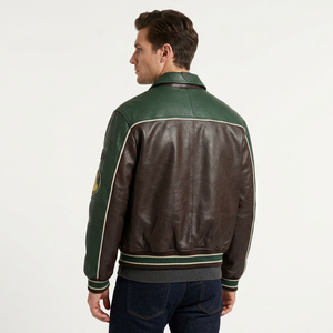 Blouson Bomber Homme en Cuir Véritable Respirant Style Joueur de Basket Personnalisé avec Broderie et Patchs sur le Devant - Product Image 2