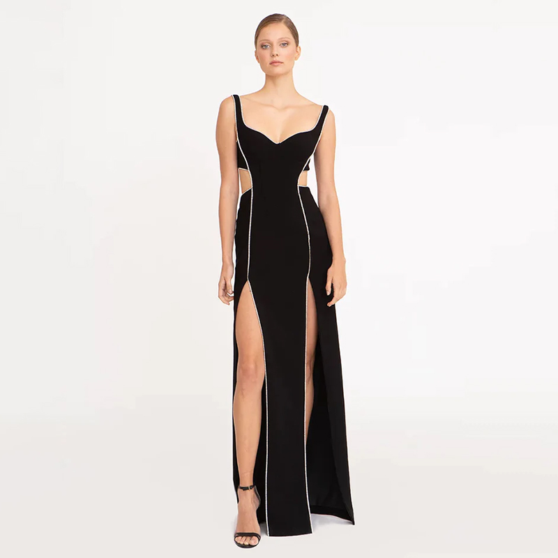fitted lace wedding dress Long Sleeve Embellished Backless Maxi Dress in Black - 12 main image 0