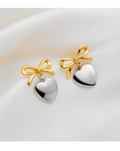 Personalizado coreano chapado en oro blanco grueso gran forma de corazón largo borla dos tonos latón arco Stud pendientes encanto colgante pendiente Mujer - Product Image 5