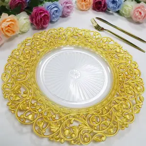 Nouvelles assiettes de présentation en plastique rondes et transparentes pour desserts de luxe non jetables avec bord doré pour mariage