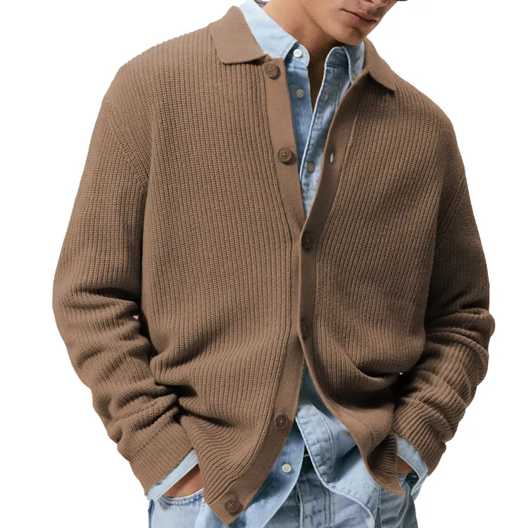 100% Cotton Factory OEM/ODM Custom Logo Plain Solid Men's Button Turndown Neck Knitted Cardigan Sweater Coat For Men