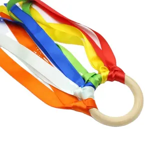 ribbon hand kite rainbow color streamer wooden toy wands dancing ring wooden rainbow ring