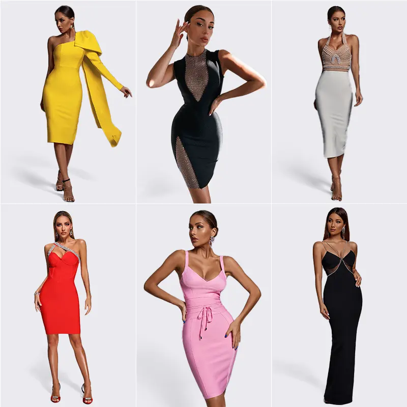 Fabricant personnalisé de robe perlée pour femmes 2023 Halter Neck Anniversaire Midi Bandage Dîner Robe de soirée élégante pour les femmes