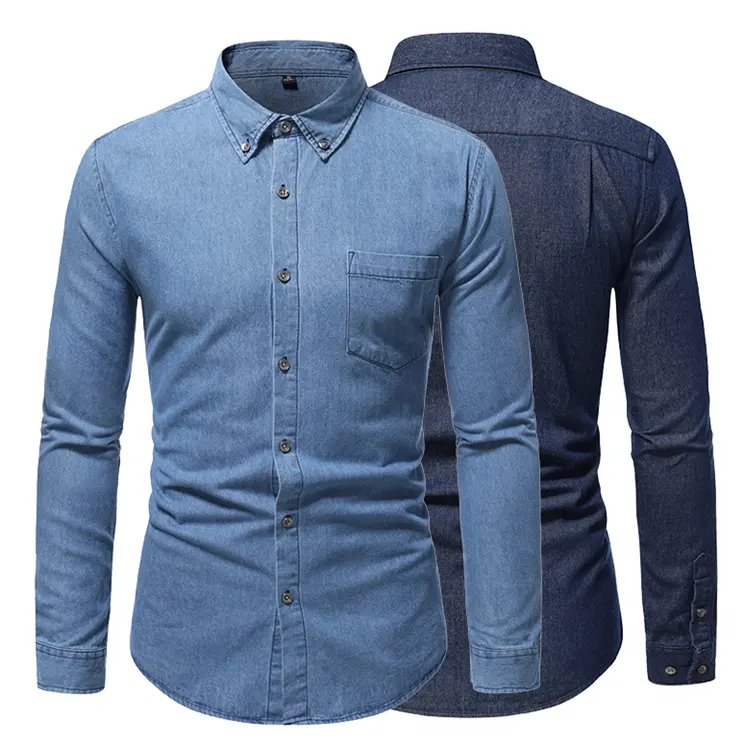 Hot sale formal Classic denim shirt Slim navy 100% Cotton Long Sleeve Casual Jeans Shirts for man