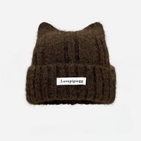 Bonnet tricoté 3D oreilles de chat pour femme, chapeau d'hiver côtelé mignon avec étiquette logo personnalisée, bonnet tricoté chaud à revers pour le streetwear quotidien