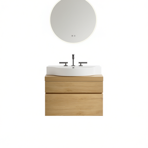 Meuble-lavabo mural moderne en chêne naturel de 24 pouces avec grand rangement, vasque monobloc et miroir inclus - Product Image 1