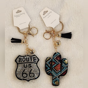 Custom Route US 66 Western Cowboy Style Retro Cactus Geometry Rhinestone Crystals Key Rings Keychains