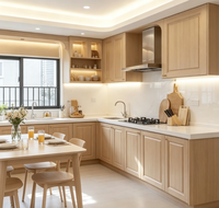 Ensemble d'armoires de cuisine en bois naturel moderne avec étagères ouvertes incurvées et éclairage LED pour la rénovation de la cuisine à domicile
