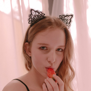 Serre-tête en dentelle soluble dans l'eau avec oreilles de chat, accessoire capillaire mignon pour streamer sexy, soirée en boîte de nuit, cosplay, fille lapin, séduisant - Product Image 1
