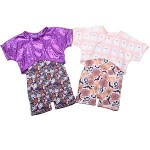 도매 사용자 정의 할로윈 데이 승화 세트 베이비 롬퍼와 퍼플 가죽 소재 반팔 탑 세트 - Product Image 4