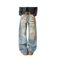 Jean en denim vieilli personnalisé avec effet brossé, style vintage Y2K, coupe ample et jambe large pour homme, support d'échantillons OEM