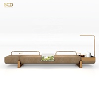 Banc de café en bois de noyer avec terrarium en verre intégré, rail tubulaire doré, lampe de sol pour coin lecture, luminaire LED pour café, salon ou magasin