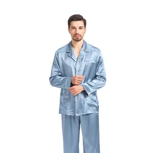 Set di <span class=keywords><strong>Pigiama</strong></span> in Seta Blu Nebbia di Lusso a Due Pezzi per <span class=keywords><strong>Uomo</strong></span>, 100% Seta Organica, Taglia Personalizzabile, Abbigliamento da Notte in Seta per <span class=keywords><strong>Uomo</strong></span> - Product Image 1