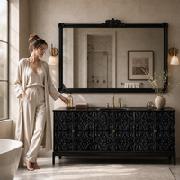 Meuble-lavabo mural noir en dalle de pierre à fermeture douce avec miroir LED intelligent pour hôtel, 47 pouces, directement de l'usine