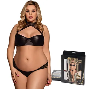 PU leather ladies underwear sexy new design plus size bra and panty set box package