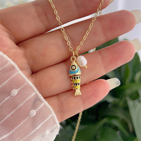 Collier pendentif combiné en perles d'eau douce plaqué or 18 carats et zircon coloré, motif poisson marin, luxe vintage, vente en gros