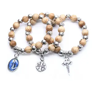 Christian Cross Wooden Beaded Bracelet Jerusalem Pendant Bracelet For Men Women Religious Jewelry