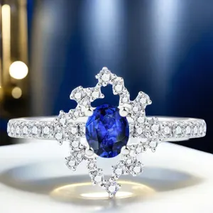 Cincin safir biru Royal kustom pabrik cincin berlian buatan tangan pengantin pita pernikahan emas 18K potongan Oval desain mewah Vintage