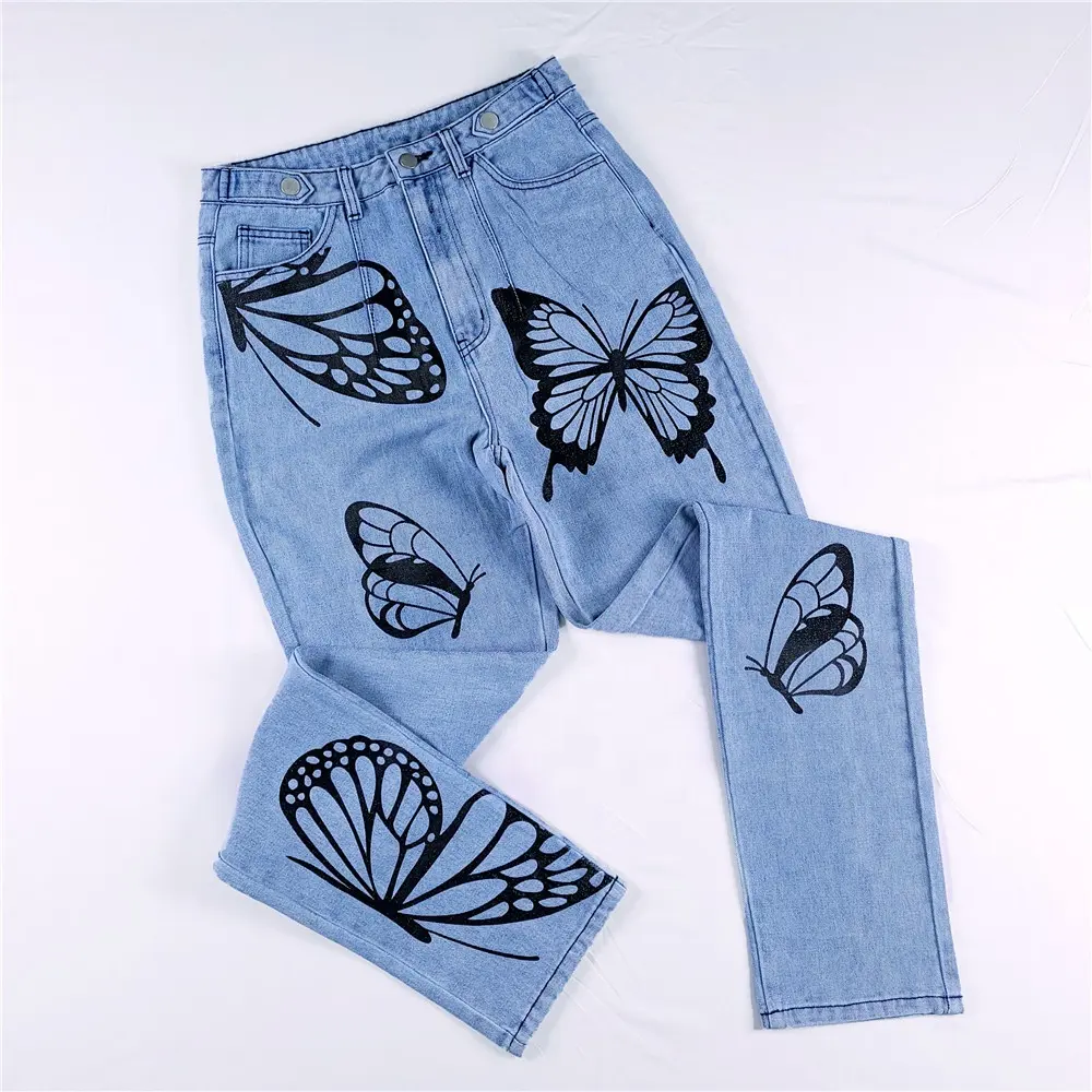 SKYKINGDOM 디자이너 사용자 정의 청바지 바지 큰 나비 인쇄 청바지 라이트 블루 청바지
