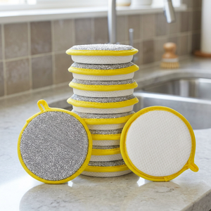 Vente en gros d'éponges rondes de nettoyage pour la vaisselle de cuisine, super absorbantes, écologiques, double face, 12 cm - Product Image 3