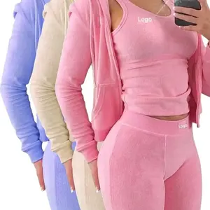 Loungewear Custom Streetwear Bodysuit Tracksuits Pink Terry Toweling Vest Short Sweatshirt And Sweatpants Pants 4 Two Piece Sets