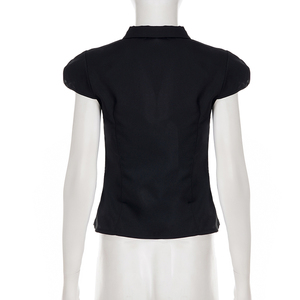 T-shirt décontracté sexy Y2K respirant et écologique à manches courtes avec col à revers et boutons sur le devant en Spandex/Polyester pour femme - Product Image 6