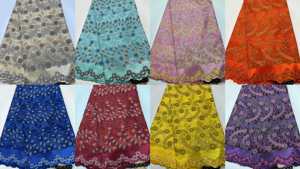 Algodón para encaje de voile, sarga, bordado floral curvo hueco, pedrería termoadhesiva, 5 yardas, vestido de novia nigeriano Aso Ebi para niñas - Product Image 2
