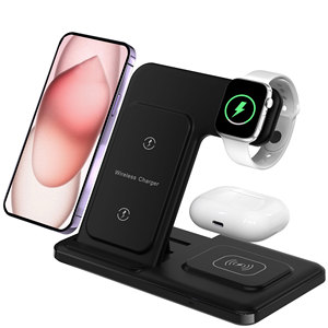 Cargador Inalámbrico 3 en 1 de 15W, Soporte de Carga Rápida Magnético Plegable con Puerto DC QC3.0 para Teléfono <span class=keywords><strong>Celular</strong></span> y Reloj Inteligente - Product Image 1
