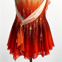 Robe de patinage artistique dégradé rouge-orange, maille nude, manches longues, strass, dos en V profond, costume de danse sur glace pour femmes et filles