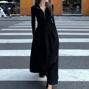 Black Knit Midi <b>Dress</b> Women <b>Elastic</b> Waist Polo Neck Zipper Solid Color Polyester Autumn Winter 2025 High End Slim Fit - Product Image 1