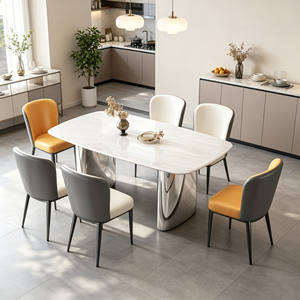 Ensemble de table à manger rectangulaire de luxe en pierre frittée, base en acier inoxydable blanc avec 6 chaises en PU aux couleurs assorties, meubles de salle à manger - Product Image 3