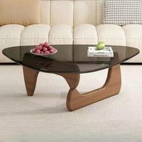 Table basse triangulaire en verre moderne ModHomi, style mid-century, plateau en verre trempé, base en bois massif, table à thé pour salon