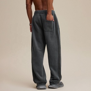 High-Street Fashion Snow Wash Straight Leg Pants With <strong>Fleece</strong> Lining for <strong>Men</strong> Comfortable Loose Casual Sweatpants Drawstring Waist - Product Image 2