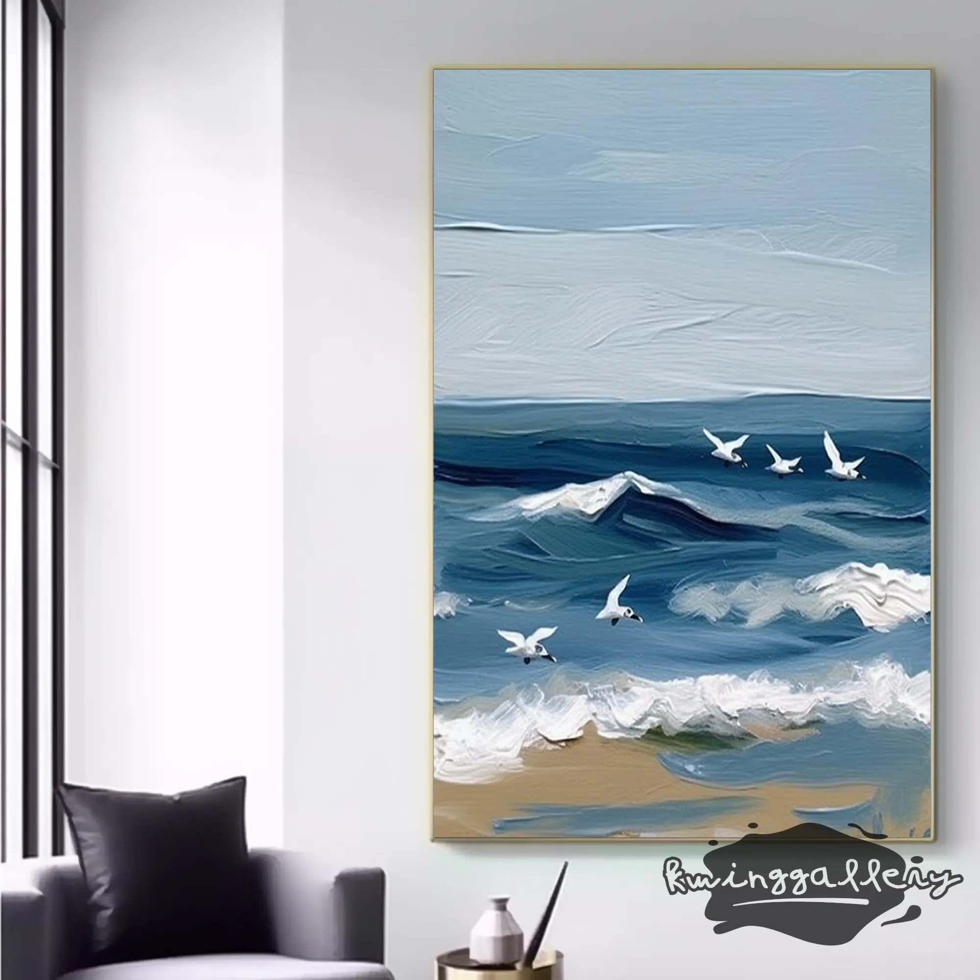 Pintura original em tela de gaivota ondulada, pintura abstrata de paisagem de praia, decoração de parede em estilo boho texturizado 3D arte para casa