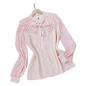 Chemisier de travail élégant pour femmes, col à nœud, col plissé, manches longues à volants, couleur unie, boutonnage frontal, pour le B2B (vente en gros) - Product Image 1