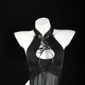 Sexy Halter Cheongsam Nightgown With Hollow Out Design For Women Satin Semi Sheer Lingerie Costume - Product Image 1