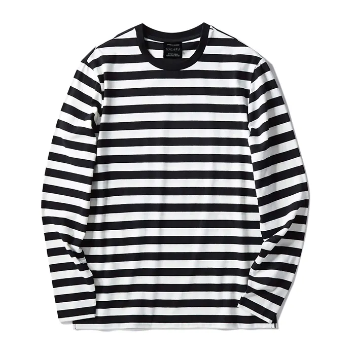 Stripped long sleeve t-shirt strip patter cotton fabric breathable cozy fabric yarn custom logo printed for men women