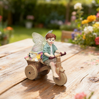 Figurine de Fée Garçon à Tricycle en Résine Prête à l'Expédition, Ornements d'Elfe à Ailes Lumineuses avec Chiot, Statue de Décoration de Jardin